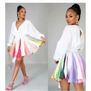 L'Artiste‎ By Amy White Rainbow Pleated V-Neck Long Sleeve Wrap Dress Size LNWT